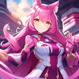 Clear focus,High resolution,High quality, Smiling, Pink long fluffy hair, Pink cat ears, Yellow eyes, Wearing a pink mech uniform,