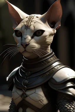 A realistic humanoid hairless cat wearing light leather armor