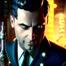 a picture of Andrew Ryan from Bioshock using Gene tonics, darker colors, master quality, backlighting, soft lights, full body portrait, in frame, 8k, dark color pallet, perfectly drawn face, well drawn, BioShock, realistic