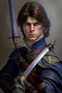 european brown hair young adult royal guard swordsman with rapier dieselpunk