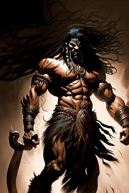 A towering and formidable figure emerged from Indian mythology displaying breathtaking bulges of rippling muscle his long flowing locks cascading like dark waterfalls down his broad back his fierce and menacing visage portraying a seething anger that seemed to smolder like embers within his soul wielding with effortless power a mighty and deadly axe his weapon of choice for rending enemies limb from limb, Fantasy art, Digital painting, Highly detailed, Sharp focus, Intricate, Dark lighting, Tren