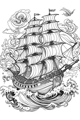 A haunted pirate ship sailing on rough seas while ghosts roam the deck.. Outline, sketch style, only use outline, mandala style, clean line art, white background, no shadows, no clear wall, coloring page.