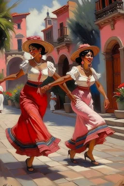 2 maxican woman dancing neoclassism traditional painting in mexican city