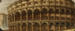 A brown coliseum with stone golems painted by Albrecht Durer