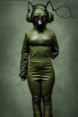 Russian military girls.Tendril-gas-mask-Synthesizer-proboscis. Army green surfaces body, latex. skin is golden hard plastic material. Cyber-punk Metallic headphones and speakers, Old-fashioned cameras integrated to heads. No eyes. Perfect body, thick thighs and calves. simple face. Wide hip, skirt bleats nicely. Asa Akira. Partly symmetrical. Golden ratio. Space-corrosion, rusty and decayed background. Steam-plunge air-bottles. Euclidean 3D-tiling walls. 5th dimension. Oppressive atmosphere