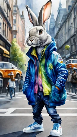 Conejo alienígena antropomorfico con chaqueta, Jens, tennis y gorra en la ciudad, full body, arte de acuarela, calidad ultra, hiperdetallado, maximalista, increíble obra de arte, 12k