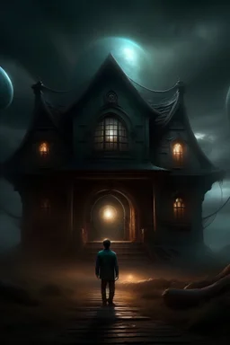 fantasy art, dark colors, a house, a time portal, a person stands