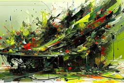 A non-objective structural glitch, arafed zero-composition, impossible intersection of exploding rusty scrap metal and dripping oil paint. Arafed tectonic geometry with uncanny negative space, Fish storm vibe. Ultrafade random bleak colors: watery pale light green, black, yellow, red. perspective broken, photographic texture but zero logical form. Fragmented, unnerving, anti-symmetry