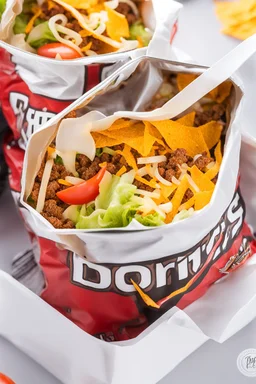 "Taco in a Bag" which consists of an open Doritos chip bag with sides rolled down, containing Doritos chips and cooked ground beef and lettuce and shredded cheese and chopped tomato pepper and onions and topped with more nacho chips, food blogger photography