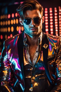 Real photography handsome man super model European on fashion style dressing luxury jacket diamonds patterns,sunglasses,turn on music DJ player in disco club