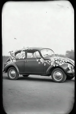 Une voiture avec des fleurs brodees, , tintype