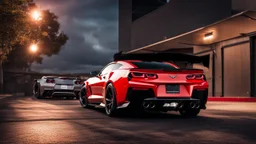 Camaro and a Corvette merged ,rear view, desktop wallpaper, 4K, Cinematic