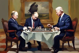 Putin, President Xi Of China And Joe Biden Play Chess With A Pigeon,Ufo And Atomic Bomb Mushroom Cloud,Complex Surgical Instruments Intermixed With A Newborn Boy,Minimalism,Painting By Adrian Ghenie,Rene Magritte,Pablo Picasso,Michelangelo,Salvador Dali,Lucian Freud