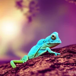 cute baby chameleon in a glowing enchanted forrest, view from the distance, cinematic, HDR, 8K, extremly detailed