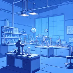 a laboratory in the 2D animation techniques medium and in the style of symbolism, and light blue color scheme in the era of WW2