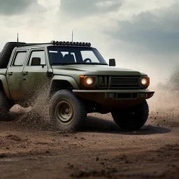 stylized hyperrealistic shot, muddy military pickup truck, guns mounted, monotone color palette, sharp focus, puddle reflection, tire water splash, refraction, mist on the horizon, shadowcast, god rays, detailed and intricate, cinematic composition, micro, tilt shift photography