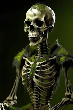 a skeleton covered in moss with a broken jaw and some rusty broken armor that is covered in moss and a broken skull and hes standing, digital art