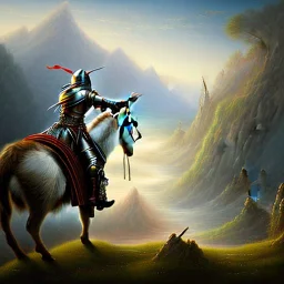 knight riding donkey on a line above a valley, fantasy art