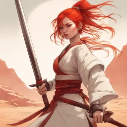 Girl samurai redhead in a desert valley, flame sword