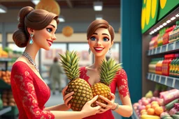 3D video game character elegant blue eyed brunette woman in red lace dress and diamond jewelleries enthusiastically and cheerfully buying a pineapple in the grocery shop in sunshine