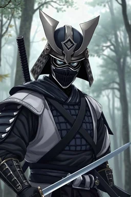 portrait , heroic pose ,samurai warrior black and white armor and a mask, long katana , anime style, background in the forest