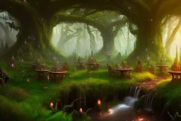 Immersive​ fantasy elven coffee shop in the deep forest with ancient tree blossom river 4k full hd