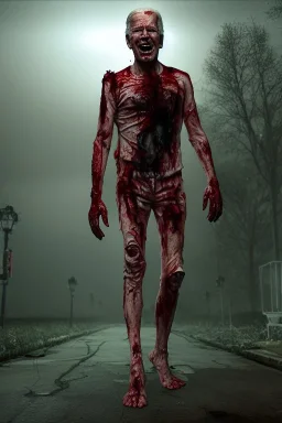 realistic image, joe biden zombie, zombie posing, arm cut and bleeding, amputated leg, night, walking with a limp, waist up view, dark ambient, highly detailed, sky background, concept art, unreal engine 5, god rays, ray tracing, RTX, lumen lighting, ultra detail, volumetric lighting, 3d, finely drawn, high definition, high resolution.