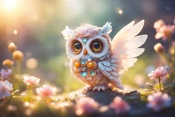 cute chibi owl gemstone fairy, flowers, in sunshine, ethereal, cinematic postprocessing, dof, bokeh