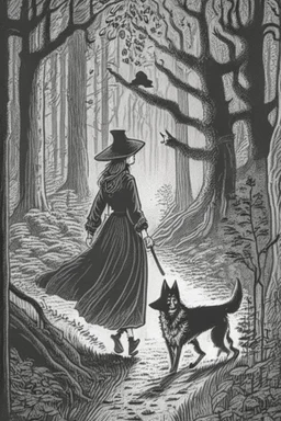 in the style of a Henry Justice Ford drawing, a witch walks through a forest, she is followed by a dog