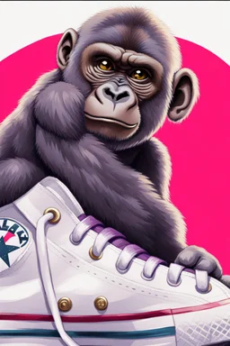 a profile picture of a small gorilla sitting in a purple Converse sneaker, like it's a car, comic style