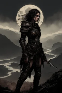 A formidable warrior girl in black armor, against the background of an amazing gloomy landscape, flooded with the light of two moons, mountains, trees, a fabulous scary landscape, juicy emotions, painting, dark fantasy, gloomy day, dark world, portrait, Gothic Town At Night, Fantasy, Intricate Details, Castle Courtyard Gardens, Hyper Detailed, Jean Baptiste Monge, Carne Griffiths, Michael Garmash, Seb Mckinnon, Masterpiece