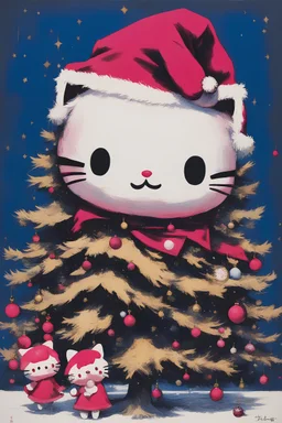 , by <John Kenn Mortensen>, darkpink tones,poster in two gradually, a one side Christmas tree but with hello kitty heads as decorations darkblue and other side santa claus gold tones, painting by Yoji Shinkawa,