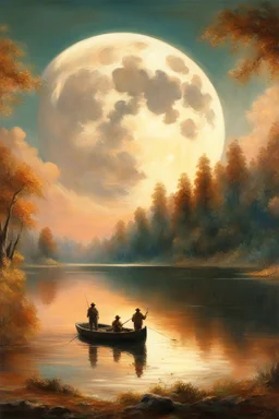 Realistic oil painting of a serene lake with a massive hunters moon in the background, two fishermen in a small boat, intricate details of trees and reflections on the water, by Thomas Moran and Claude Monet, (long shot), warm colors, peaceful atmosphere