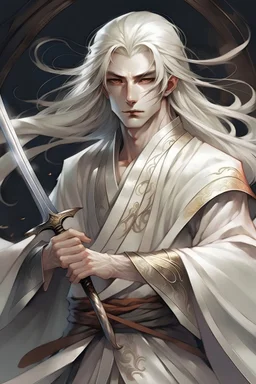 a young man with long white hair like an immortal from tales. her beautiful face was enough to move the hearts of the goddesses. He was dressed in long white chiton-like robes that left his chest and arms bare, and his right hand was a reverse-gripped katana-like blade that he raised at a right angle to his body. he had two pairs of pure white angel wings. His multicolored irises shone with unearthly beauty in his eyes.