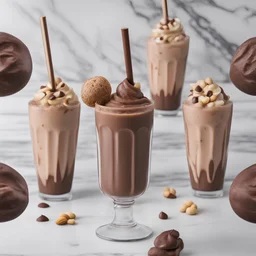realistic Choco-Peanut Smoothie in a glass with straw with realistic marble background