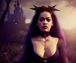 Rita ora, 1800s, witch, long curly black hair, choker, pentagram, black rose, Victorian dress, headdress, blood, castle