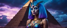 Hyper Realistic Photographic-View of a Beautiful-Alien-Cleopatra with glowing-blue-hair-&-devilish-eyes standing outside her pyramid with purple-cloudy-sky at dark-rainy-night dramatic & cinematic ambiance