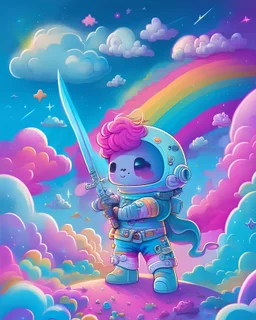 Highly detailed portrait of a cute little astronaut. He has a bright and cheerful color scheme, featuring a mix of pastel blues, pinks, and purples, standing with his arms folded holding a toy sword, surrounded by a swirl of energy. The background is a colorful cartoon landscape, with fluffy clouds and a rainbow. The background is a stark, metallic landscape, with a futuristic cityscape visible in the distance. by atey ghailan, by eduard hopper, by greg tocchini, by james gilleard, grunge aesthe