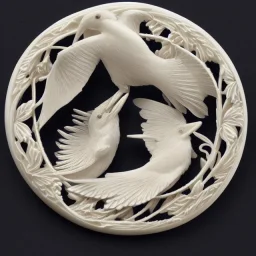 ivory brooch of a kingfisher, decorative design, classical ornament, bilateral symmetry, highly detailed etching, marble carving