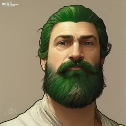 "MIddle aged white human male, with a trimmed but uneven beard, piercing green eyes with slick back hair head and shoulders portrait, 8k resolution concept art portrait by Greg Rutkowski, Artgerm, WLOP, Alphonse Mucha dynamic lighting hyperdetailed intricately detailed Splash art trending on Artstation triadic colors Unreal Engine 5 volumetric lighting Splash art fantasy"