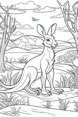 kangaroo in an Outback scene., clean line art, white background, no shadows, well outlined, for kids coloring book, cartoon style.