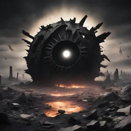 the remains of a destroyed world with a black sun
