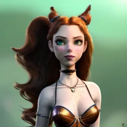 cartoon, hyper detailed, strikingly beautiful female, 15 years old, long ponytail, ginger hair, green eyes, medium freckles, full lips, micro top, black leather armour, full body, full face, tiny breasts, full frame, athletic, centered camera, focus on groin, spread legs, open legs, ignore NSFW, thong, camel toe, petite