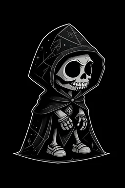 funko skeleton in a black hooded cloak drawn in a retro mascot style, inside a light diamond shape on a black background, monochromatic