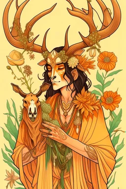 create a drawing for me. a fantasy drawing of a hispanic man with deer skull on his head. he has brown hair and tan skin. he wears peach colored robes and yellow pants with green accessories. he is surrounded by nature and is holding a crow companion. the skull is large and covers the face completely. the deer skull covers his face and the antlers have flowers on them.