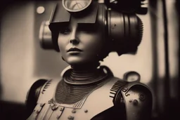 steampunk, vintage analog polaroid of a woman robot, female body, fog, lomography, heavy film grain, night, color bleed, depth of field, bokeh, retro, cyberpunk saggy granny woman, abandoned sci-fi town, future, sci-fi
