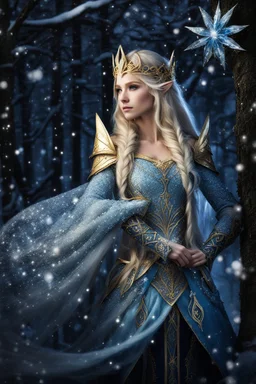 Elven princess,elven crown,long blonde golden hair,rapunzel hair,ice flowers,beautiful,light blue,dark blue,golden armor,sparkle,glitter,ice flowers,snow,elven ears,dark fairy princess