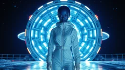 "Artistic photography (((FULL BODY from HEAD to FEET +profile))), enormous almond shape lighted crystal clear eyes, she is dressed in a white shiny jumpsuit she is a gorgeous smiling extra terrestrial woman with indigo purple blue skin with a high elongated skull like a magnum bottle, 40 y/o asian, she wears white snow boots, and she is outside on the flying saucers large landing deck of the space station in cosmos.