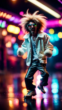 funky punk hippy hairy white skinned pimp tap dancer fashion gremlin in the middle of crazy dance moves dancing on buss parked in dark lit reflective wet arcade hall tunnel,bokeh like f/0.8, tilt-shift lens 8k, high detail, smooth render, down-light, unreal engine, prize winning