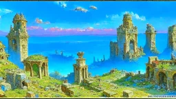 Destroyed City, medieval ruins, debris, stone, breched, brocken, Perspektiv from the sky, by Jean-Baptiste Monge, Ivan Bilibin, Albert Bierstadt, Reza Badrossama, watercolor, intricate details, fantasy, beautiful, oil on canvas, award winning, imperial colours, fantastic view, radient colours, very attractive, crisp quality